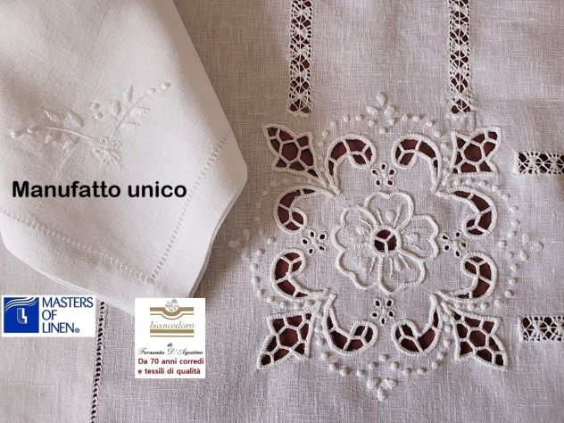 Tovaglia puro lino ricamo a mano intaglio rettangolare x 12 cm. 280 x 180 - Foto 4