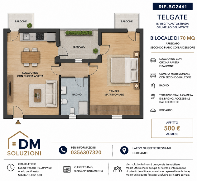 Telgate bilocale con due balconi, un terrazzo e box auto