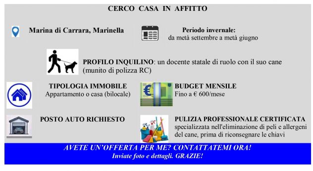 Docente statale di ruolo cerco in affitto a Marina di Carrara