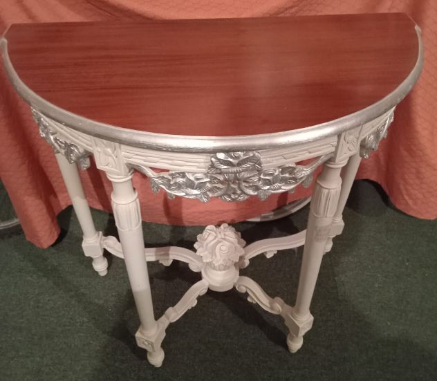 CONSOLLE DI ANTIQUARIATO VINTAGE SHABBY CHIC LACCATA e ARGENTATA