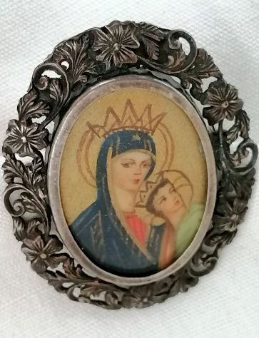 ANTICA SPILLA IN ARGENTO CON MINIATURA SFONDO ORO MADONNA CON BAMBINO, 1800. - Foto 7