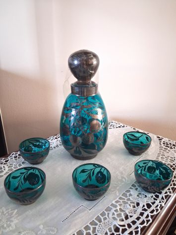 Vaso bottiglia per ciliegie / sciroppi anni '20 con inserti in argento