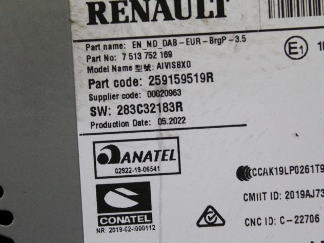 259159519R AUTORADIO RENAULT CLIO 5 E-TECH 145 1.6 I 67KW AUT 5P (2022) RICAMBIO USATO (NON FORNIAMO CODICE AUTORADIO, MA SOLO NUMERO DI TELAIO VEICOL - Foto 8
