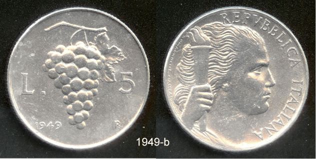 ITALIA 1949-1950 Monete 5 Lire - Foto 2