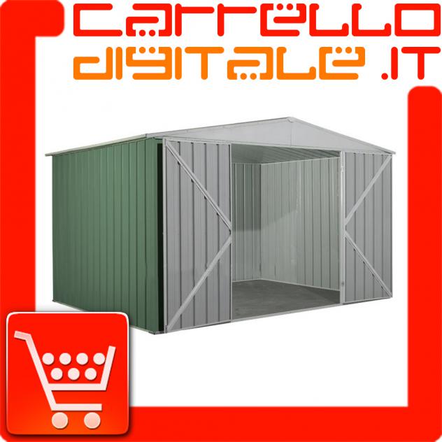 Box prefabbricato, casetta da giardino in lamiera zincata. Capanno deposito attrezzi in Acciaio Zincato 3.60 x 2.60 m x h2.12 m - 130 KG - 9,36 MQ - V
