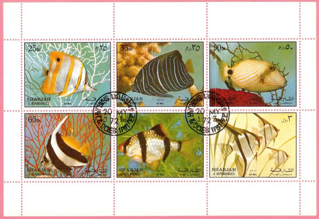 SHARJAH 1972 Foglietti Pesci, Frutta, Uccelli MNH