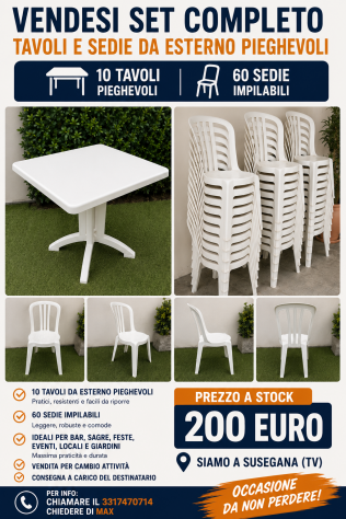 Vendesi set completo 10 tavoli 60 sedie pieghevoli da esterno in buono stato
