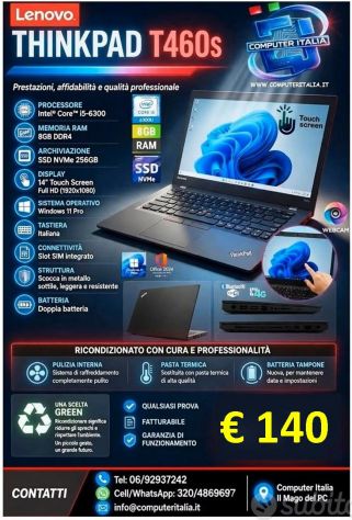 PORTATILE LENOVO T460s 14" TOUCH i5 V-Pro/8GB/256SSD WIN 11 PRO SIM 4G