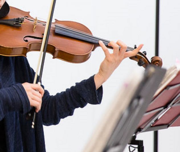 Violinista classica (possibile violino elettrico) e quartetto d'archi