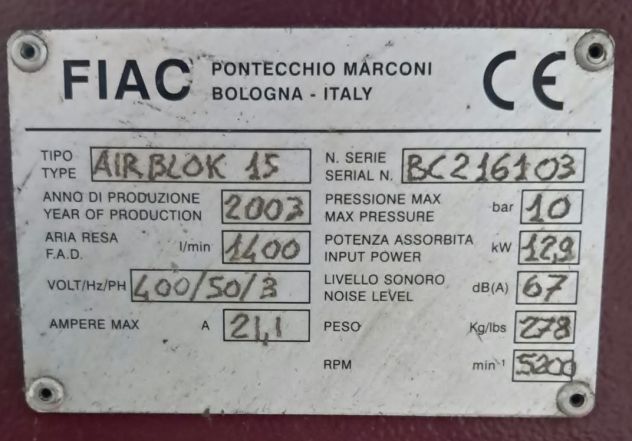 COMPRESSORE A VITE SENZA FINE MARCA FIAC Modello: AIRBLOK 15 - Foto 2