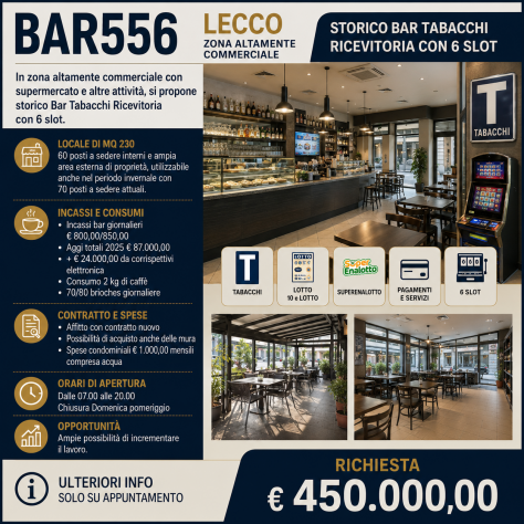 Storico bar tabacchi con 6 slot nella città di Lecco - rif. BAR556