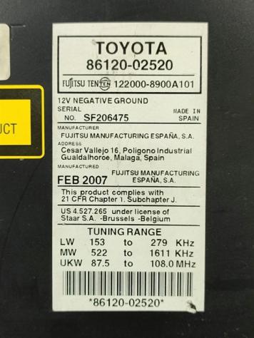 AUTORADIO TOYOTA Auris Serie (E150) 86120-02520 1NDTV (0712) - Foto 3