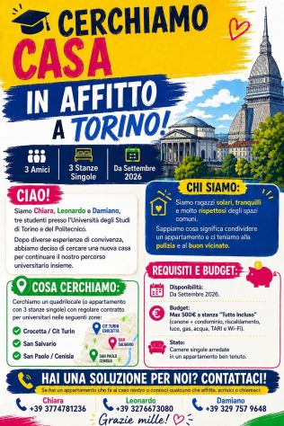 🎓 CERCHIAMO CASA A TORINO! 3 Amici | 3 Stanze Singole | Da Settembre 2026