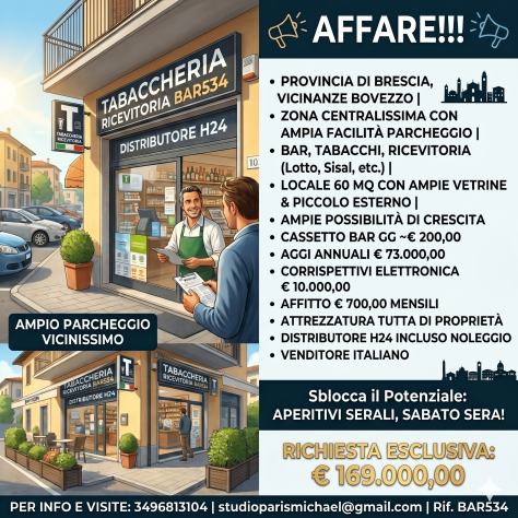 Affare!!! Bar Tabacchi Ricevitoria prov. di Brescia - rif. BAR537