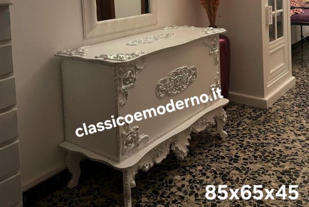 Cassapanca bianca foglia argento legno stile barocco con spedizione