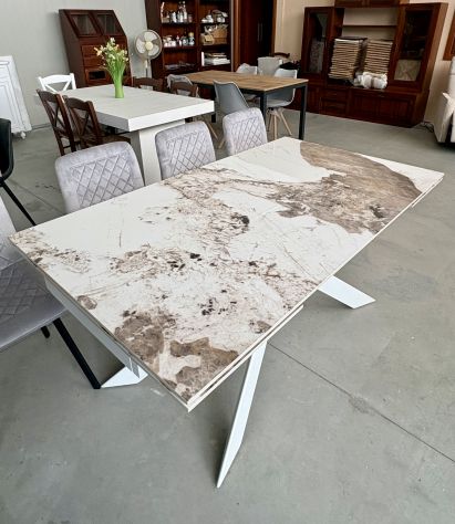 NUOVO TAVOLO 160x90 ALL. 240x90 PIANO VETRO CERAMICA GAMBE FERRO BIANCO - Foto 2
