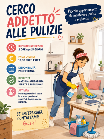 CERCASI ADDETTO/a ALLE PULIZIE 2 H. OGNI DUE SETTIMANE