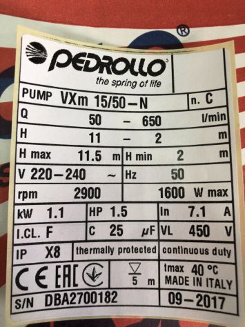 ELETTROPOMPA POMPA SOMMERSA VXM 15/50-N HP 1,5 VOLT 220 PEDROLLO - Foto 4