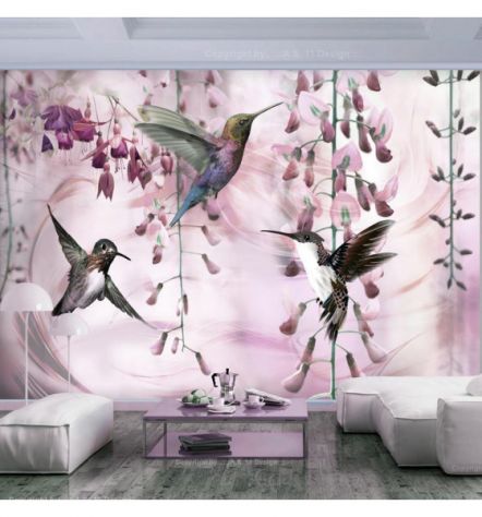 Fotomurale Adesivo Con 3 Colibrì. Sfondo Rosa Arredalacasa