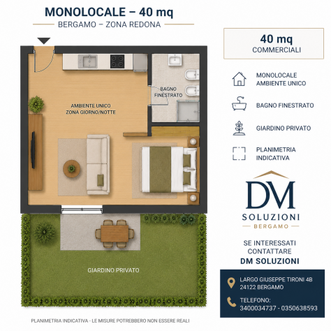 Bergamo zona Redona monolocale con giardino privato
