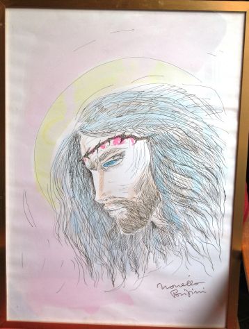 novella parigini disegno su cartoncino volto di cristo 54x74 raro - Foto 2