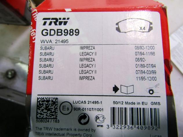GDB989 KIT PASTIGLIE FRENO ANTERIORI TRW SUBARU IMPREZA 2.0 I AWD 85 KW RICAMBIO NUOVO - Foto 3