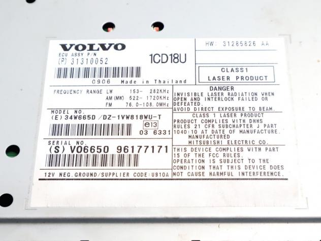 31310052 AUTORADIO VOLVO V50 SW 2.0 D 100KW 6M 5P (2009) RICAMBIO USATO (NON FORNIAMO CODICE AUTORADIO, MA SOLO NUMERO DI TELAIO VEICOLO) - Foto 2