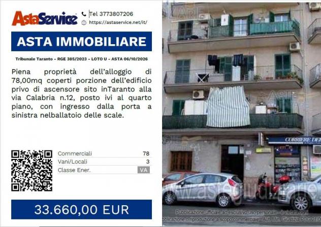 Tribunale Taranto - RGE 385/2023 - LOTO U - Tribunale Taranto - RGE 385/2023 - LOTO U - ASTA 06/10/2026