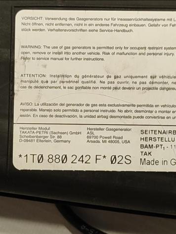 AIRBAG SEDILE DESTRO VOLKSWAGEN Touran 2° Serie 1T0880242F (0710) - Foto 2