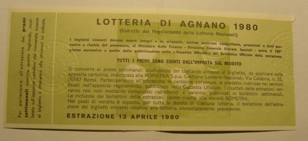 LOTTERIA DI AGNANO 1980 CON TAGLIANDO SENZA SCRITTE - - Foto 2