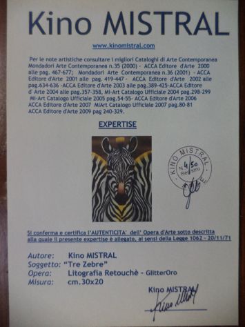Kino Mistral Tre Zebre litografia ritoccata con glitter oro - Foto 2
