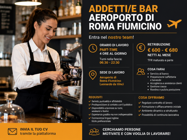 ADDETTI/E BAR – AEROPORTO DI FIUMICINO – PART TIME 4 ORE