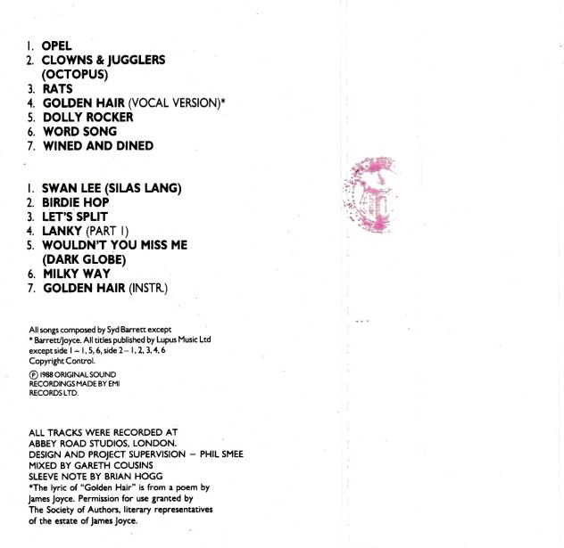 SYD BARRETT (Pink Floyd) Opel - RARA Cassetta Album,Tape,MC,K7 1° St. 1988 Italy - Foto 3