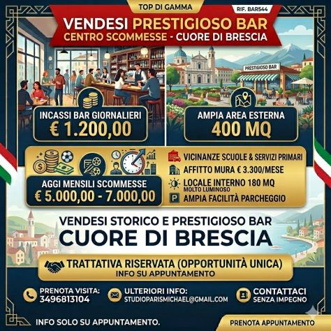 Bar con forte lavoro e agenzia scommesse nel cuore di Brescia - rif. BAR544