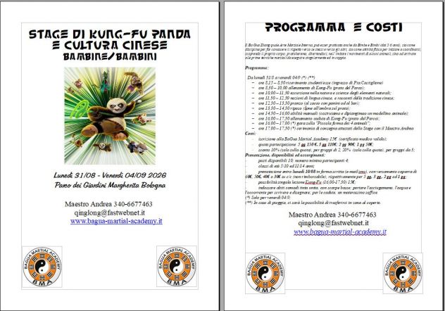 STAGE KUNG-FU PANDA E CULTURA CINESE - 31 AGOSTO -04 SETTEMBRE 2026