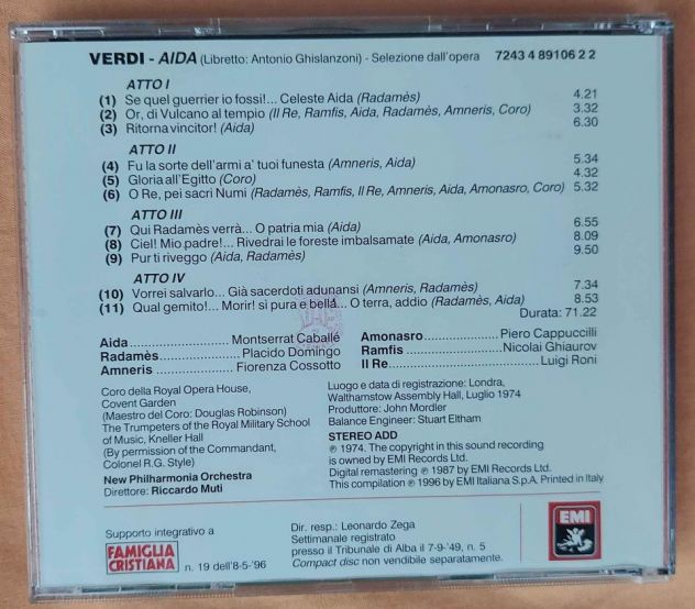 FAMIGLIA CRISTIANA Giuseppe Verdi "Aida Le pagine più belle " EMI CD N.19 - Foto 2