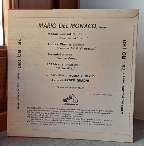 Mario del Monaco, LA VOCE DEL PADRONE Vinyl 45 GIRI / 7”, Italy 1958. - Foto 4