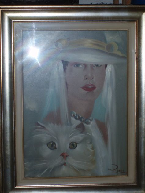 quadro donna con cappello e gatto