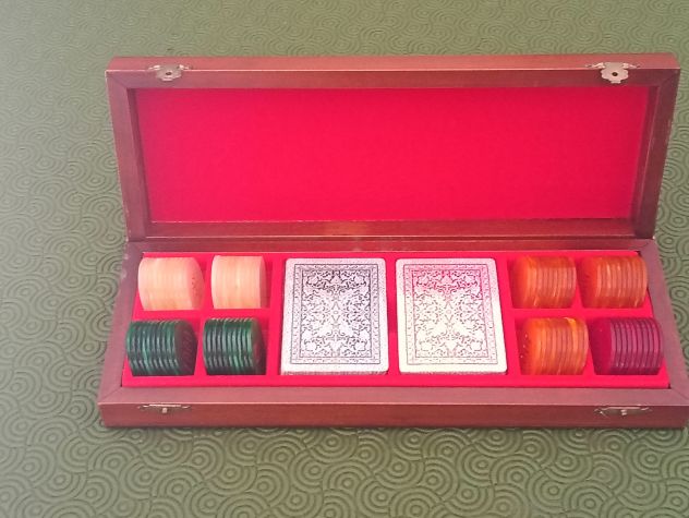 Set poker/bridge scatola vintage in legno con carte nuove e fiches