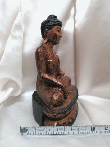 BELLISSIMO ANTICO BUDDHA IN LEGNO LACCATO E DORATO, BIRMANIA, XIX SECOLO. - Foto 10