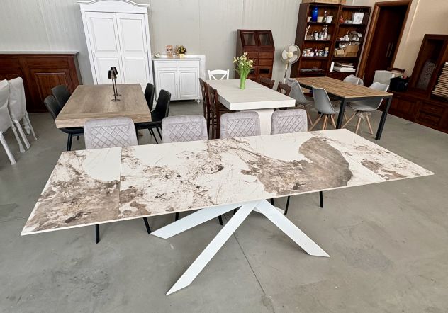 NUOVO TAVOLO 160x90 ALL. 240x90 PIANO VETRO CERAMICA GAMBE FERRO BIANCO - Foto 5
