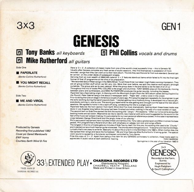 GENESIS - 3 X 3 Paperlate / You Might Recall / Me & Virgil - 7'' / 45 giri 1982 - Foto 2