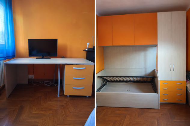 Cameretta completa con letto a ponte, armadio, scrivania e cassettiera