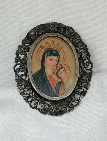 ANTICA SPILLA IN ARGENTO CON MINIATURA SFONDO ORO MADONNA CON BAMBINO, 1800. - Foto 2