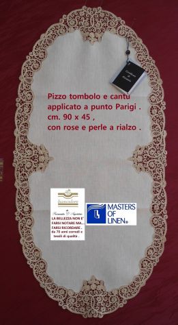 CENTRO OVALE RICAMO A MANO LINO PIZZO CANTU' AVORIO cm. 90 x 45 - Foto 6