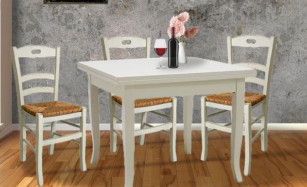 TAVOLO ALLUNGABILE A LIBRO SHABBY CHIC BIANCO E 4 SEDIE MIKY 100% made in It