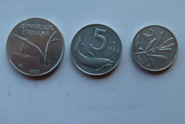 N° 3 MONETE DA 2 - 5 E 10 LIRE DEL 1953 DELLA REPUBBLICA ITALIANA -
