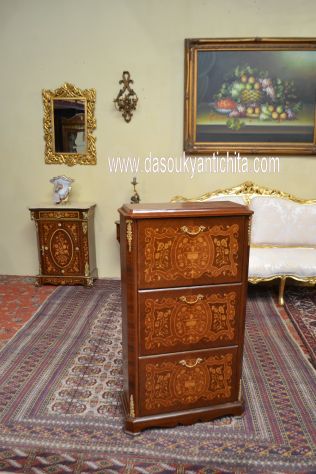 Scarpiera intarsiata stile Napoleone III tre ripiani a ribalta