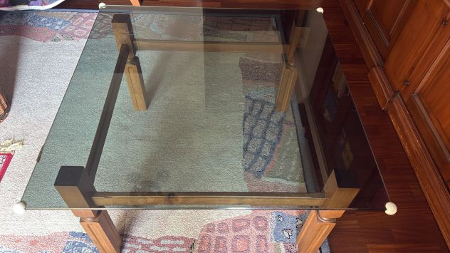 Tavolino quadrato vetro fumé e legno 78x78x43 cm