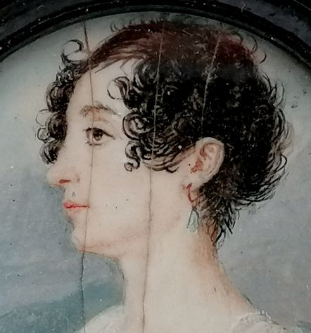 RARA MINIATURA DI DAMA DI EPOCA NAPOLEONICA, CORNICE LIGNEA ROTONDA. - Foto 3